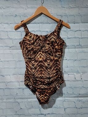 Lands' End Womens Swimsuit Size 8D Underwire Brown Black Abstract Ruching Modest